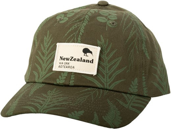 NZ Cap 100% cotton - Ferns on green cap with NZ sewn on patch