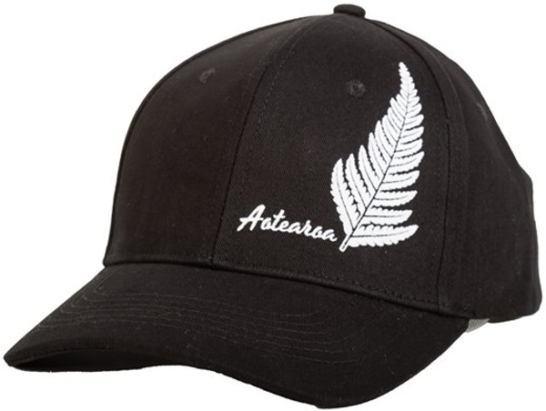 NZ Cap 100% cotton - White Aotearoa and fern on black cap