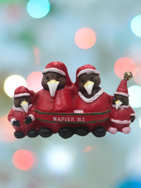 Napier, NZ Kiwi family in Santa outfits, NZ Christmas ornament