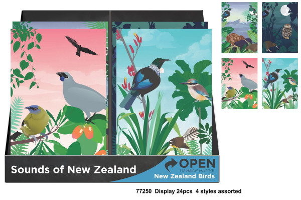 Sounds of NZ native birds Blue greeting Card - Native wood pigeon and Kiwi (price per card)
