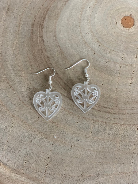 Kowhaiwhai heart earrings - clear acrylic on hook