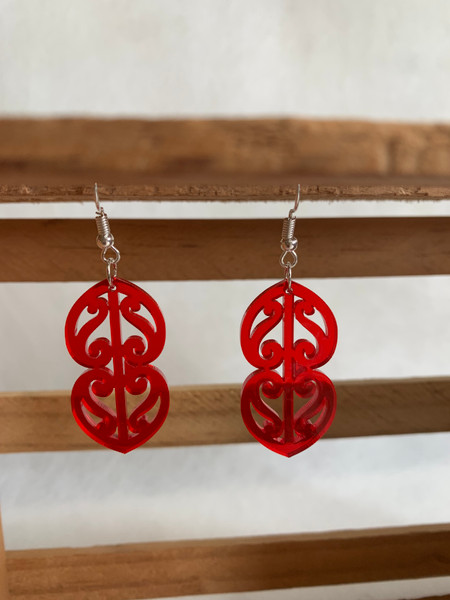 Kowhaiwhai double heart - red tint hook acrylic earrings