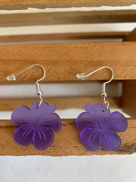 Hibiscus purple acrylic hook earrings