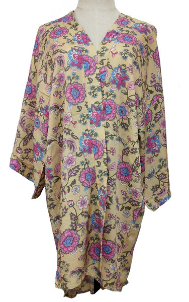 Curved hem floral pattern kimono - pale yellow and pink