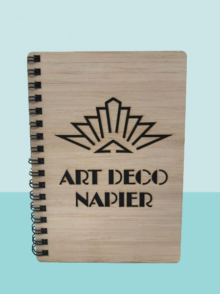 Bamboo cover blank page notepad with Art Deco Napier and design feature