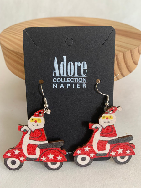 Santa on Scooter wooden Christmas earrings on hooks