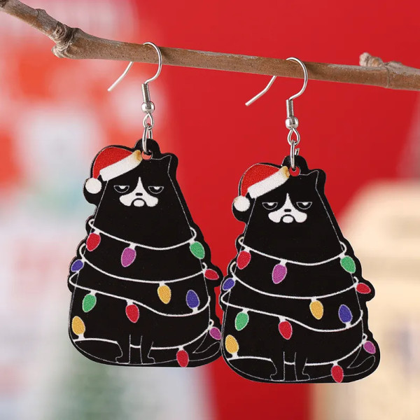 Christmas cartoon cat wood hook earrings