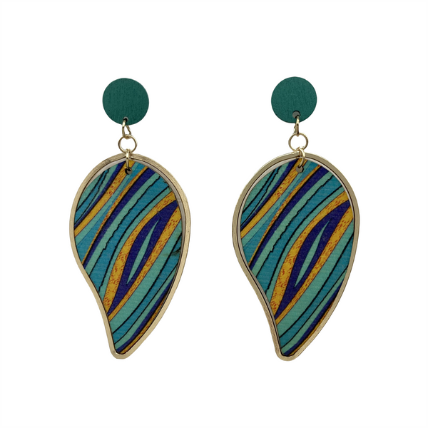 Wooden green leaf with gold outlines earrings