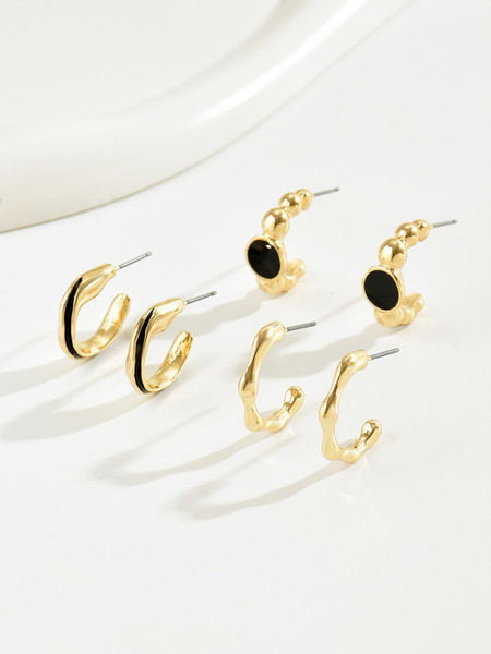 Gold c-shape with black line stud earrings
