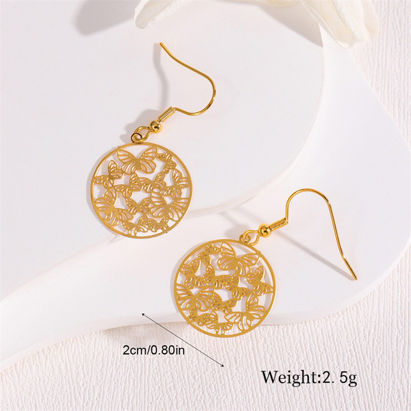 Hollow round with butterflies gold earrings on hook