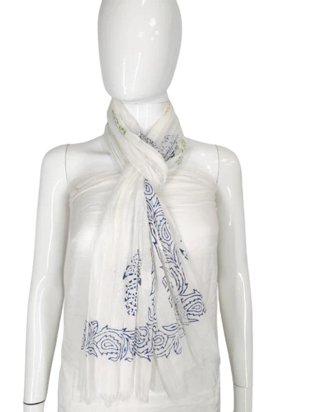 White scarf with blue and green leaves pattern