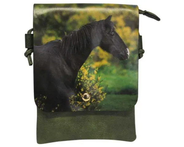 Green shoulder bag with black horse on front