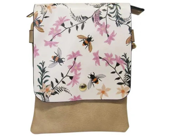 Beige shoulder bag with flowers and bees on front