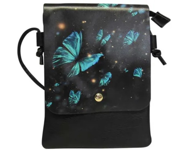 Black shoulder bag with night sky and butterflies on front