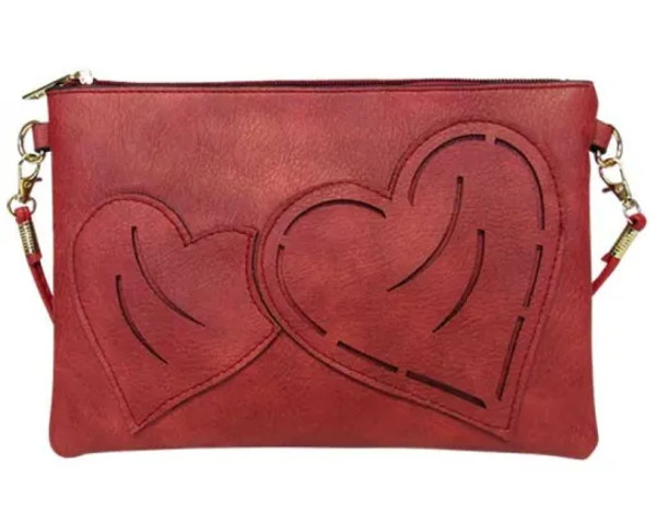 Red shoulder bag with two hearts on front