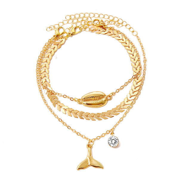 Ocean scene gold anklet with shell, diamant and whale tail