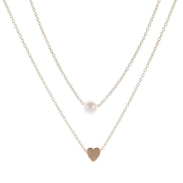 White pearl and heart double layer gold necklace
