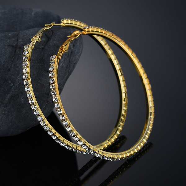Gold colour hoop earrings with diamantes - 100 mm