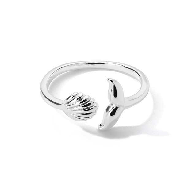 Whale tail and shell ring in silver coloured - Adjustable opening