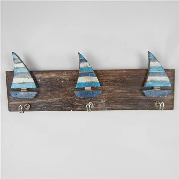 wooden sailboat 3 hooks wall hanging hook