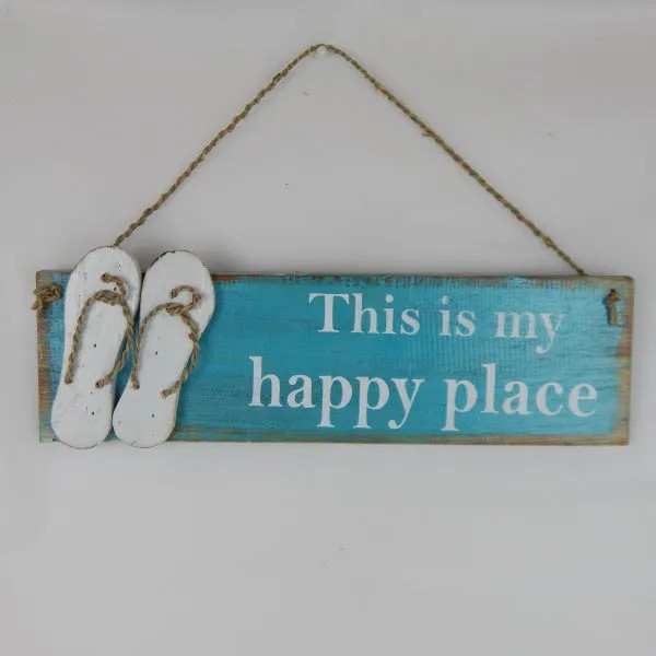 Hanging wooden sign with jandals - this is my happy place