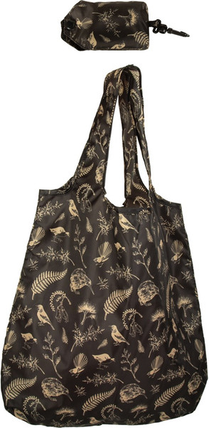 Folding bag - Gold Kiwi and fern on black bag