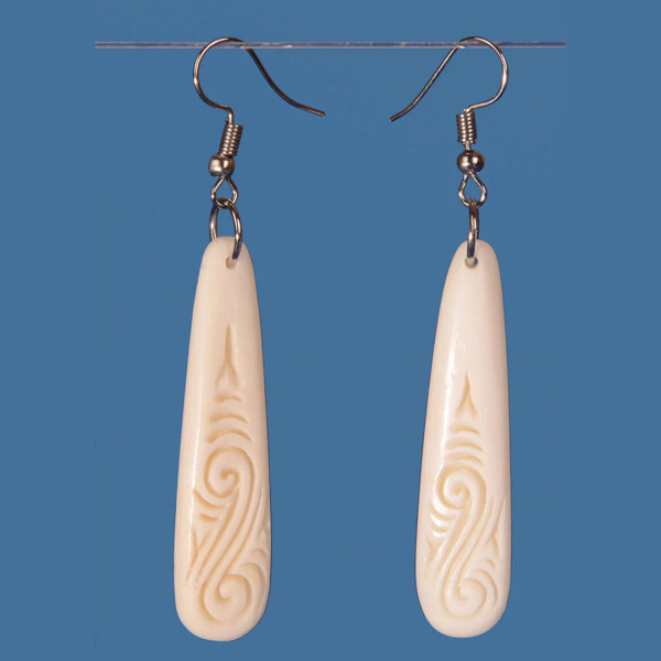 NZ Bone drop earrings with carving on hook