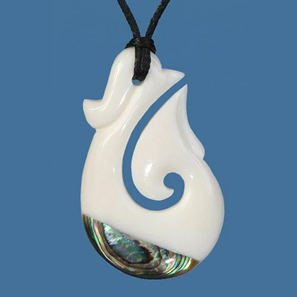 NZ Bone Fish Hook pendant with NZ Paua accent