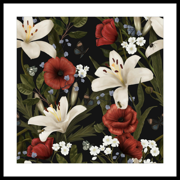 Flowers glass print in black frame