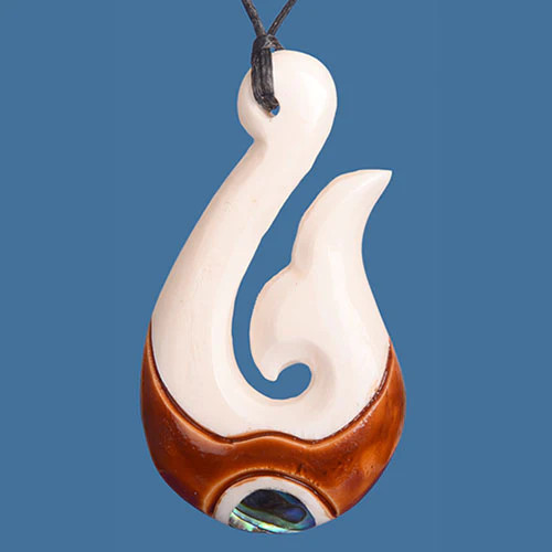 NZ Bone hook pendant with staining and NZ Paua accent
