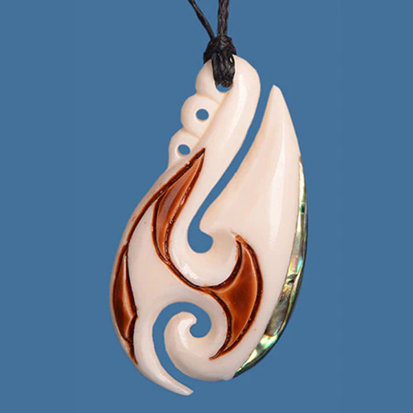 NZ Bone hook pendant with staining and NZ Paua shell accent