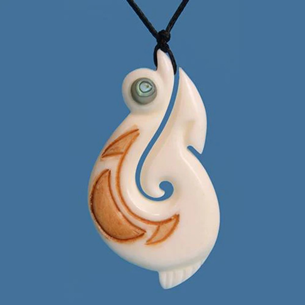 NZ Bone Manaia hook pendant with staining accent