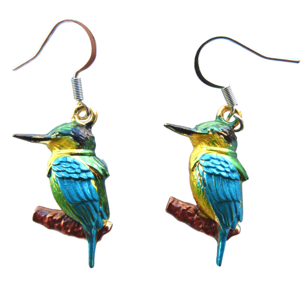 NZ Kingfisher bird earrings on hooks