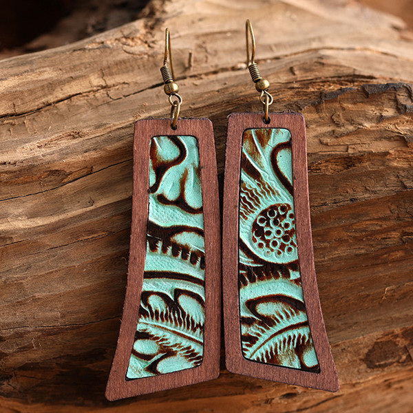 wood and leather curved shaped earrings on hook