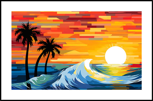 Sunset, wave and palm tree Glass print in frame