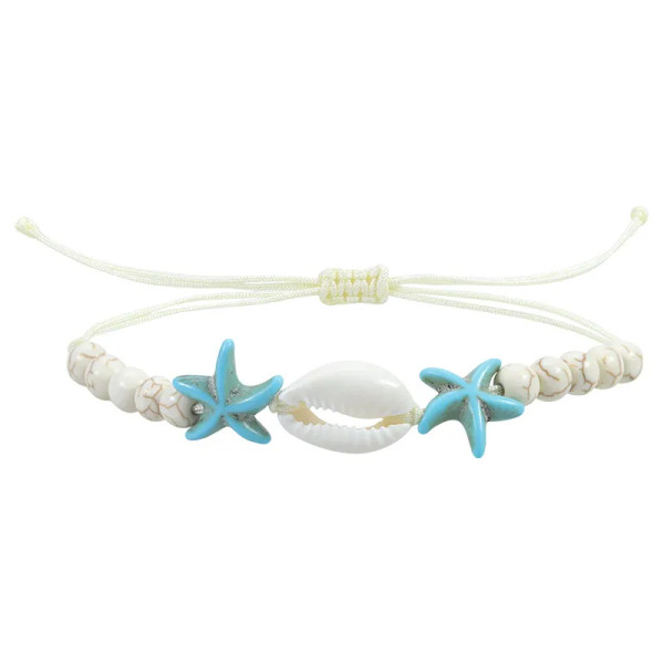 Adjustable bracelet with cream beads, turquoise colour starfish and shell