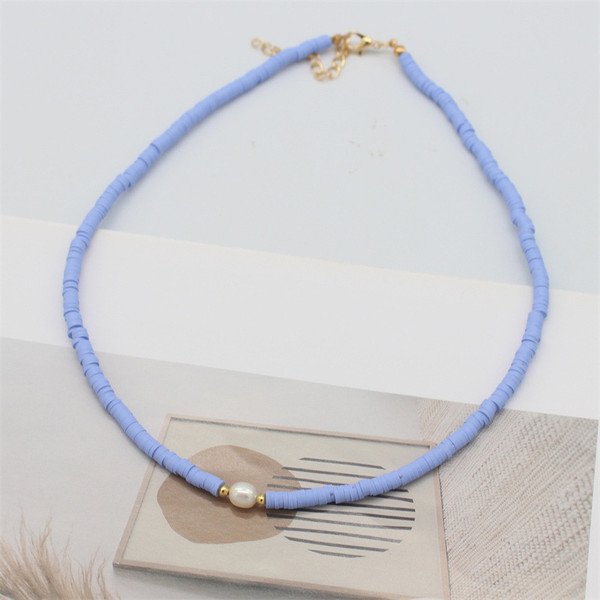 Threaded flat bead necklace with faux pearl - blue
