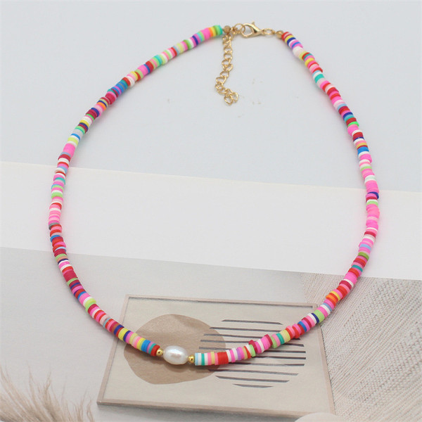 Threaded flat bead necklace with faux pearl - multicolour