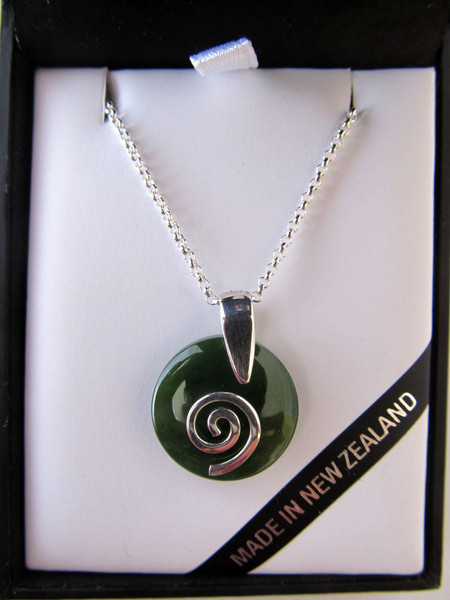 Mana NZ Smooth round greenstone pendant with silver koru