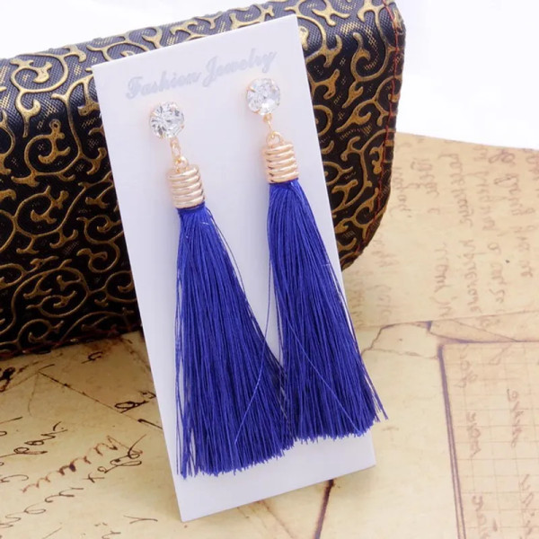 Tassel Earrings with Gold detail and diamante stud - Sapphire Blue