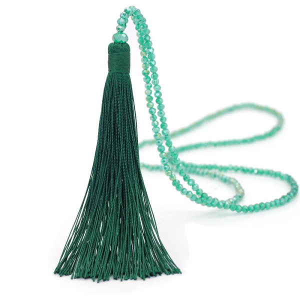 Tassel on beaded necklace - Jade green