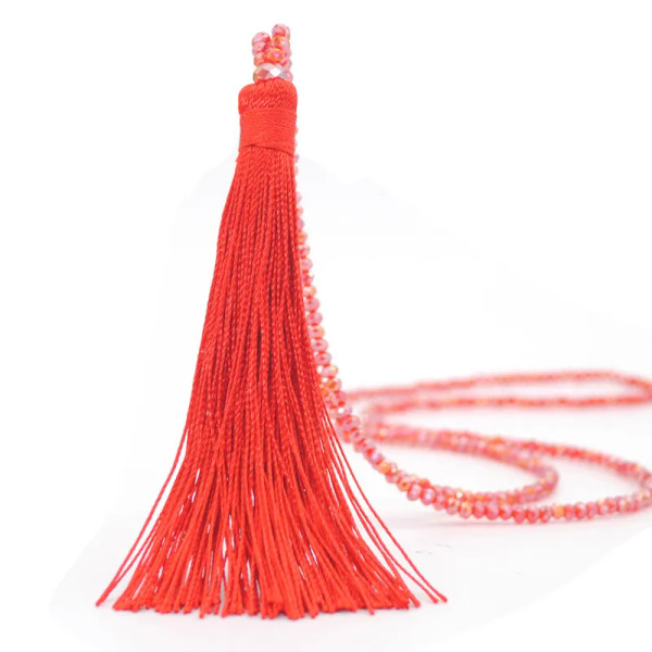 Tassel on beaded necklace - red