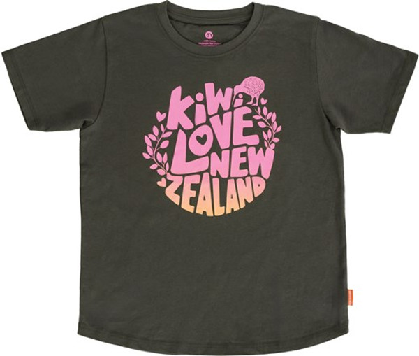 Kids NZ Souvenir T Shirt - Kiwi Love, New Zealand - pink design on grey (Various sizes)