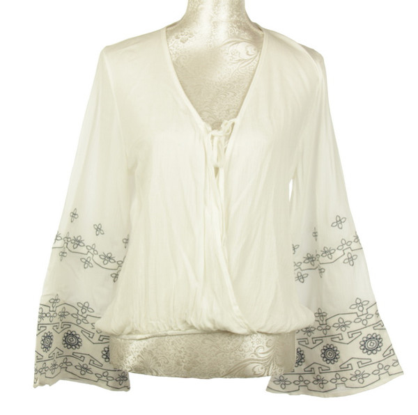 embroidered viscose bell sleeve top - white