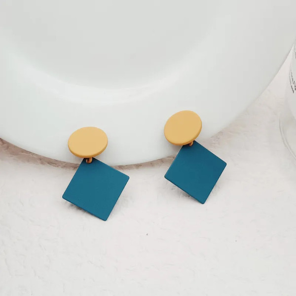 Teal square earrings with orange circle - clip ons