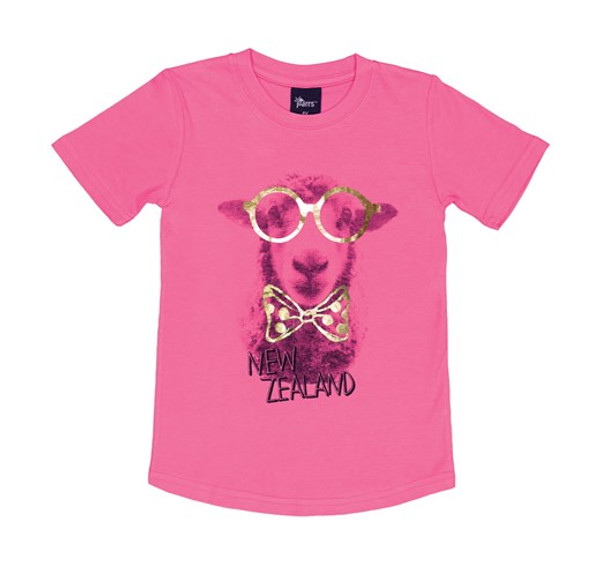 Kids NZ Souvenir T Shirt - NZ Sheep with glasses - Pink (Various sizes)