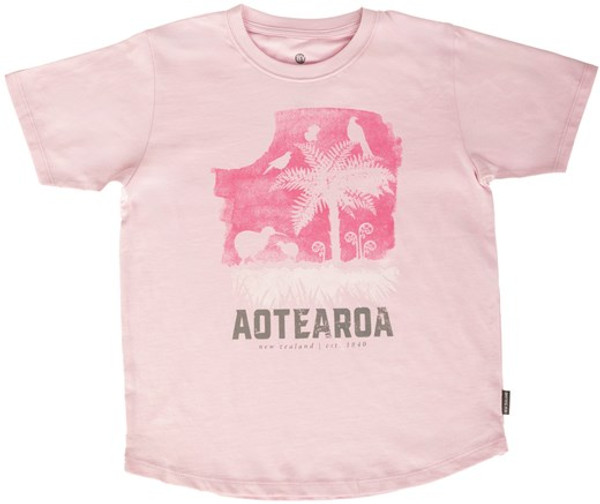 Kids NZ Souvenir T-Shirt - Kiwi and Ponga - Pink (various sizes available)