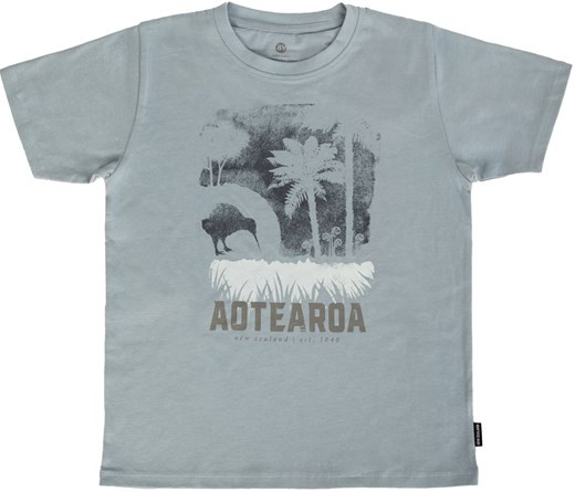 Kids New Zealand Kiwi & Ponga Tree T-Shirt - Steel Blue