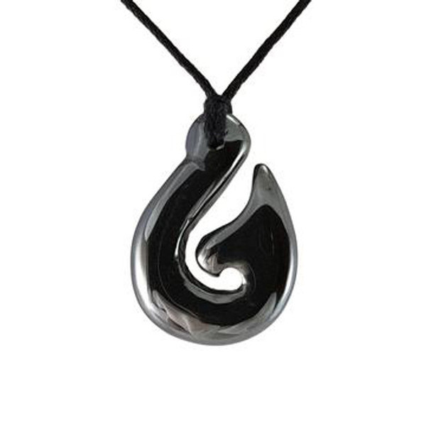 Hematite Fish hook pendant on cord