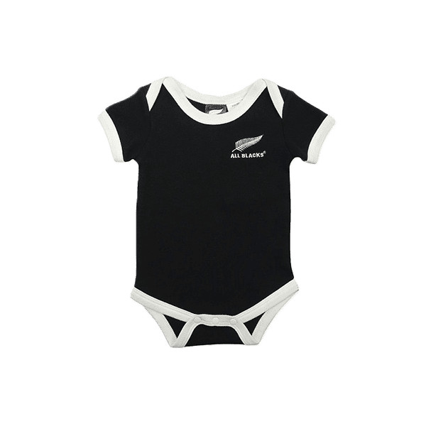 Black All Blacks baby bodysuit with white piping and embroidered chest logo